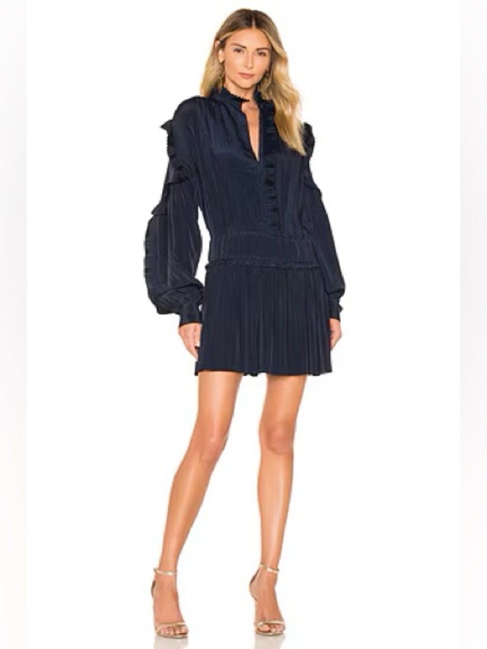 Joie Jazelle ruffled long sleeve pleated dress in navy blue SZ8. NWOT